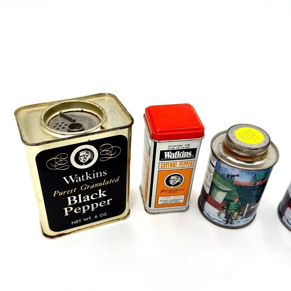 Vintage Watkins Spice Tins & Maple Syrup Cans and‎ Black Pepper Cayenne Lot of 5